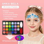 Anka Bella 26-color water-based face paint palette with matte, fluorescent, glitter shades, safe for kids party.
