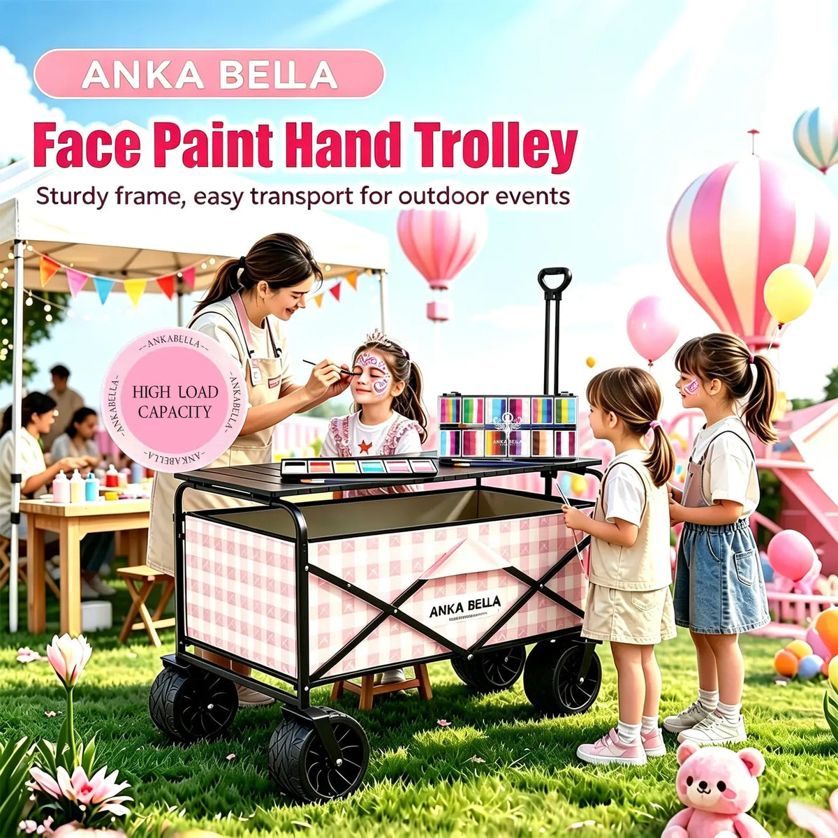 Anka Bella pink check foldable face paint hand trolley wagon cart with tabletop, heavy duty rolling cart for outdoor face painting artist events