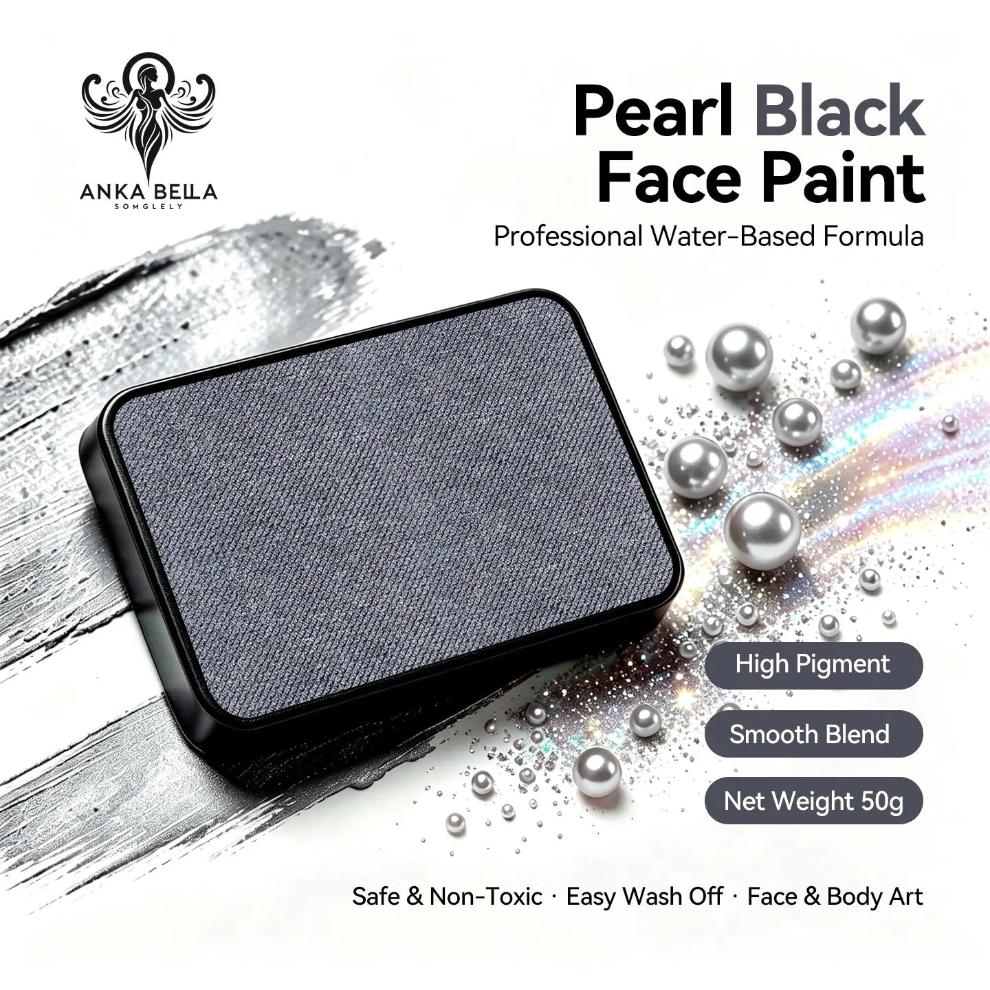 Anka Bella Pearl Black solid face paint cake 50g water‑based professional face body art paint high pigment shimmer metallic pearl black