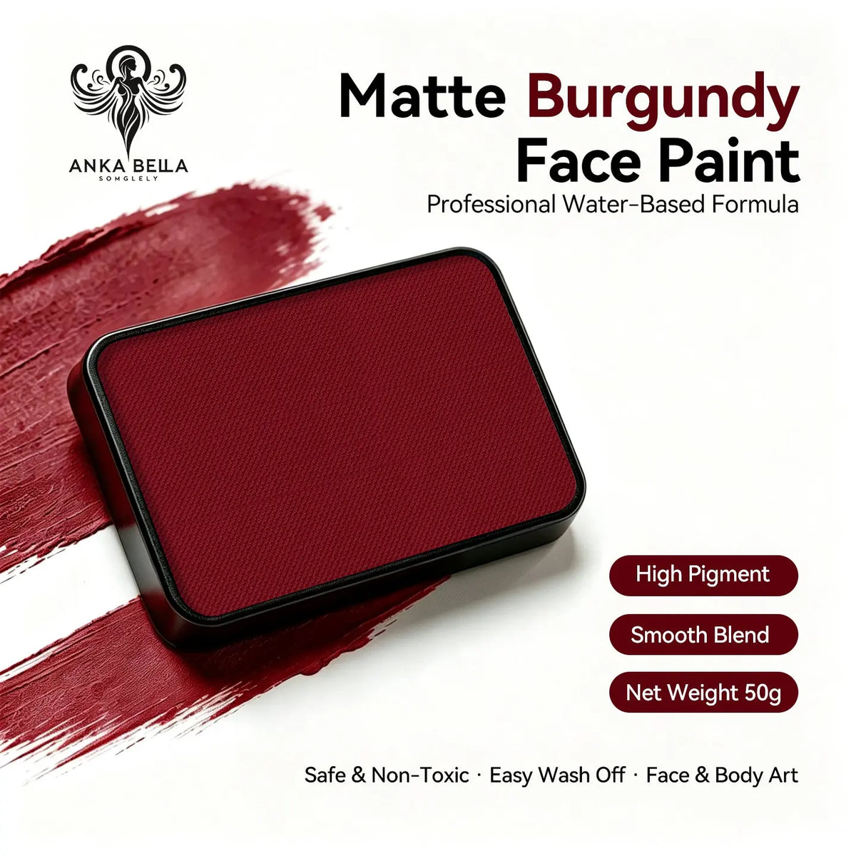 Anka Bella Matte Burgundy solid face paint cake 50g, professional water‑based high pigment deep matte wine red face and body art paint