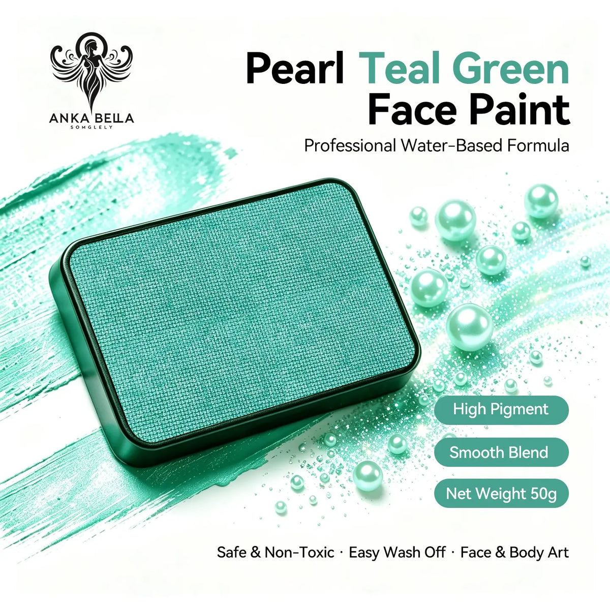 Anka Bella Pearl Teal‑Green solid face paint cake 50g water‑based professional face body art paint high pigment shimmer cool teal green pearl
