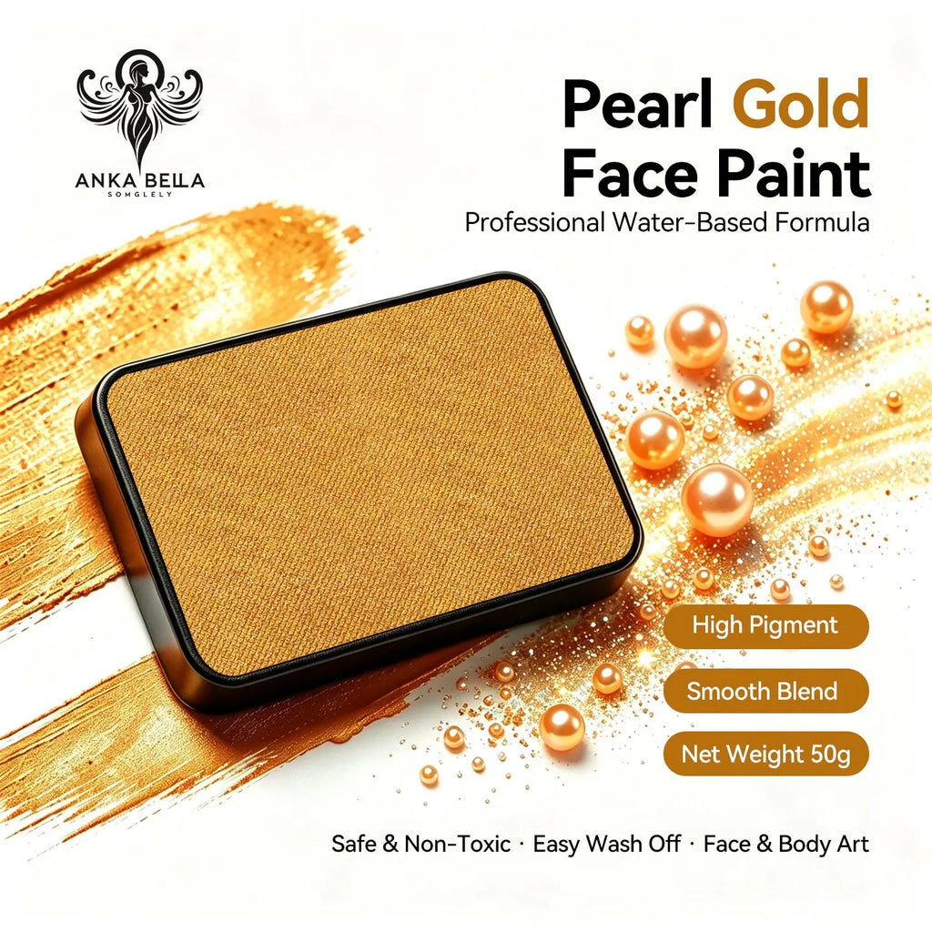 Anka Bella Pearl Gold solid face paint cake 50g, professional water‑based high‑pigment metallic shimmer gold face and body art paint