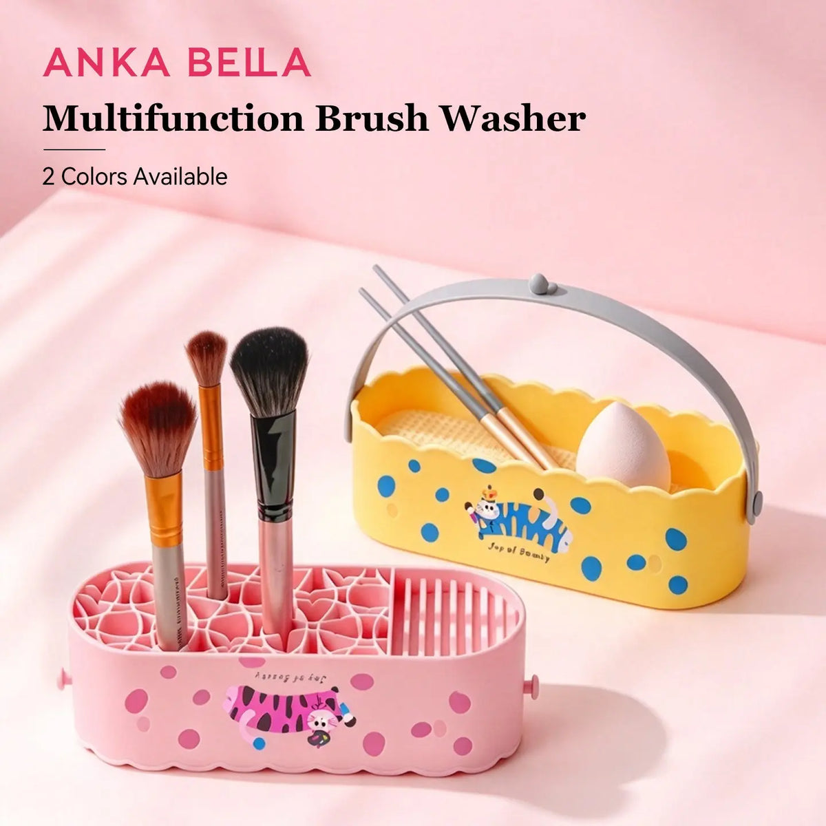 Anka Bella multifunction makeup brush washer, yellow and pink 2 color options, storage holder for makeup brushes and beauty sponge