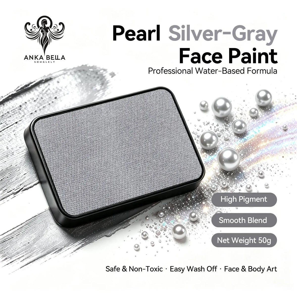 Anka Bella Pearl Silver‑Gray solid face paint cake 50g water‑based professional face body art paint high pigment shimmer cool pearl metallic silver‑gray