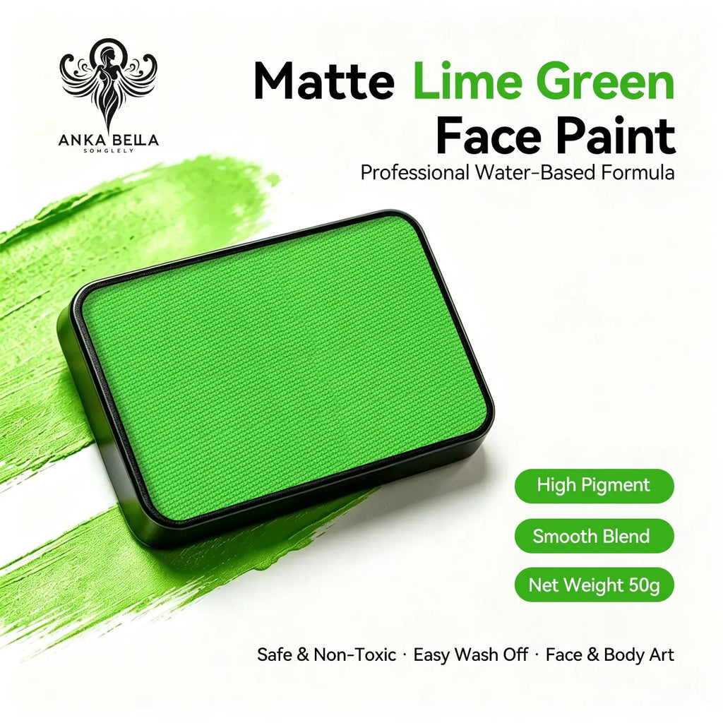 Anka Bella Matte Lime Green solid face paint cake 50g, professional water‑based high pigment bright lime green face and body art paint