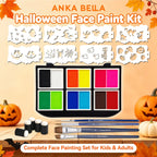 Anka Bella complete Halloween face paint kit, 12 colors water-based body paint with 8 stencils 4 brushes 5 sponges for kids party