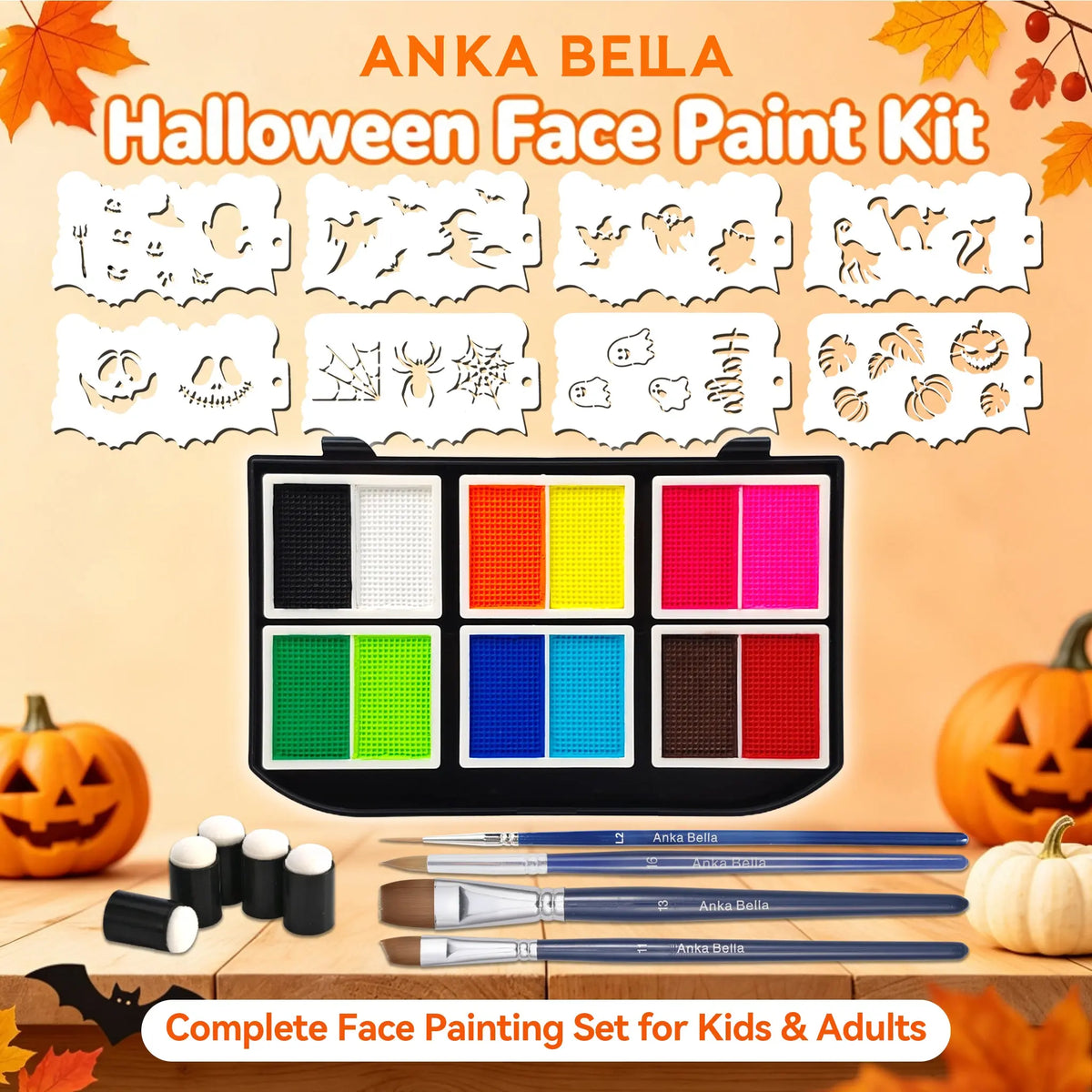 Anka Bella complete Halloween face paint kit, 12 colors water-based body paint with 8 stencils 4 brushes 5 sponges for kids party