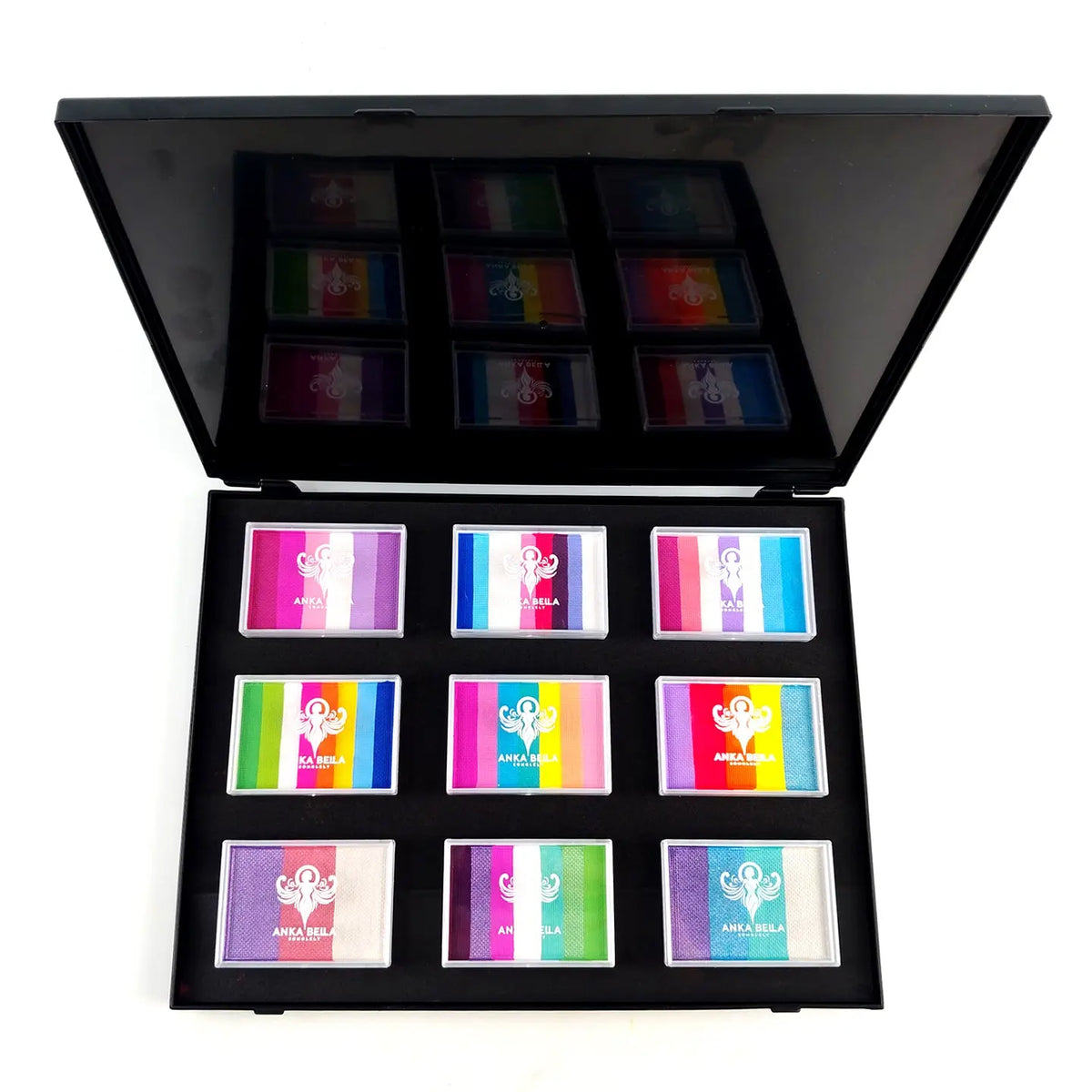 Anka Bella 9 blocks split cake face paint kit black storage case, rainbow one stroke face paint
