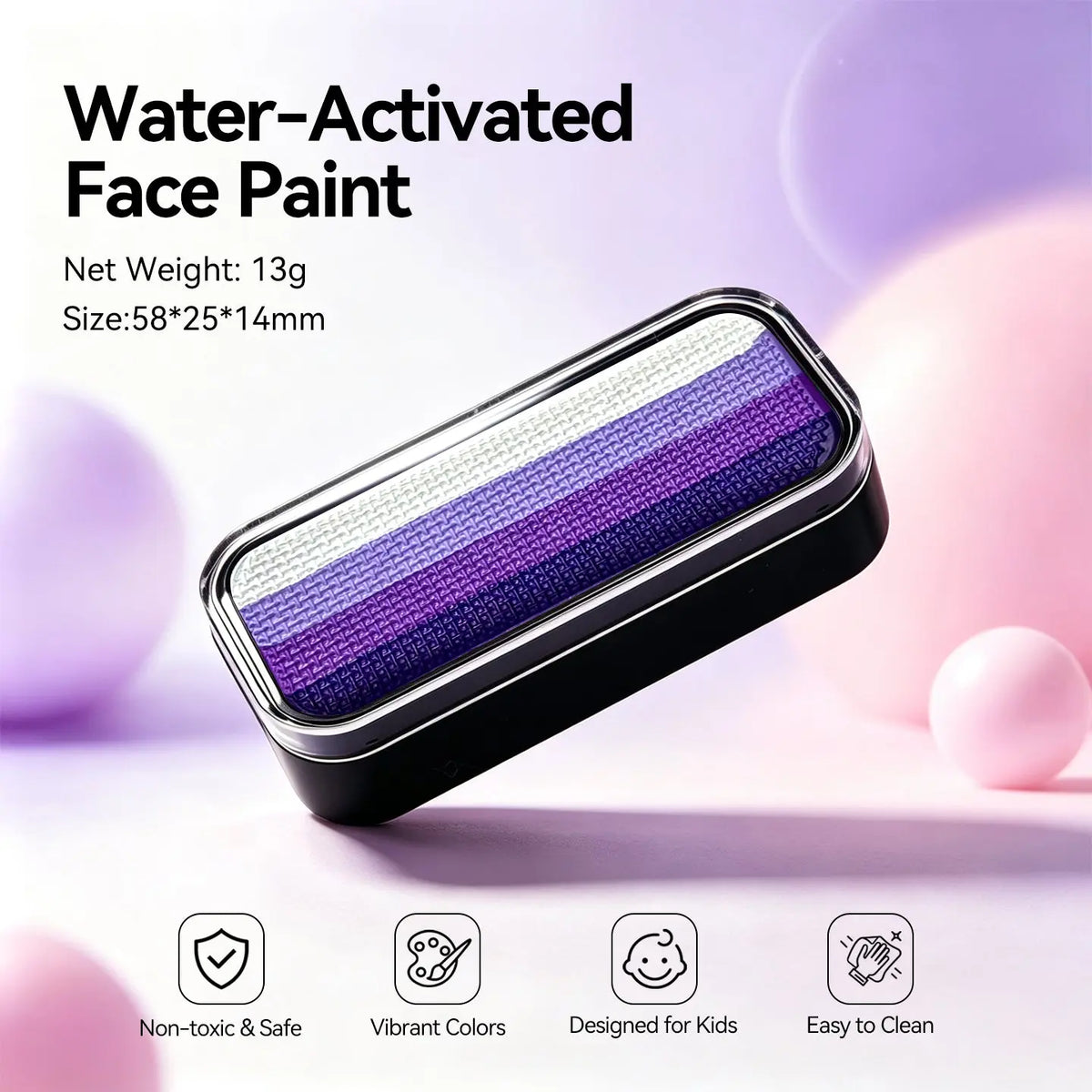 Anka Bella water-activated face paint purple palette, 13g net weight 58x25x14mm, non-toxic safe vibrant colors designed for kids easy to clean