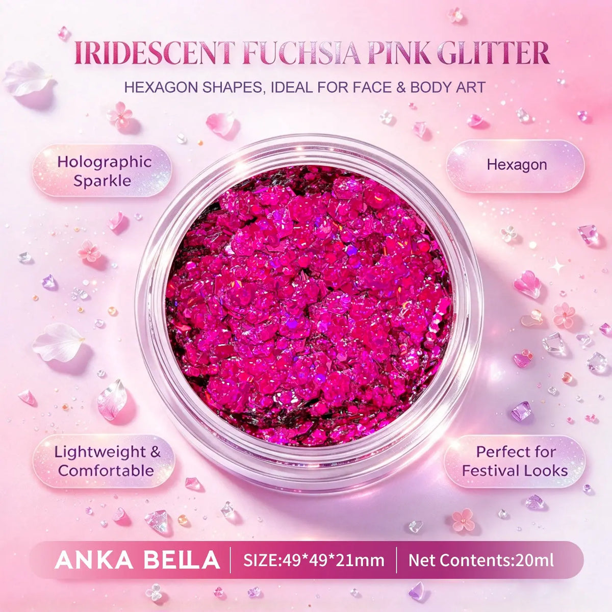 Anka Bella iridescent fuchsia pink holographic face body glitter jar, hexagon sequins for festival party makeup