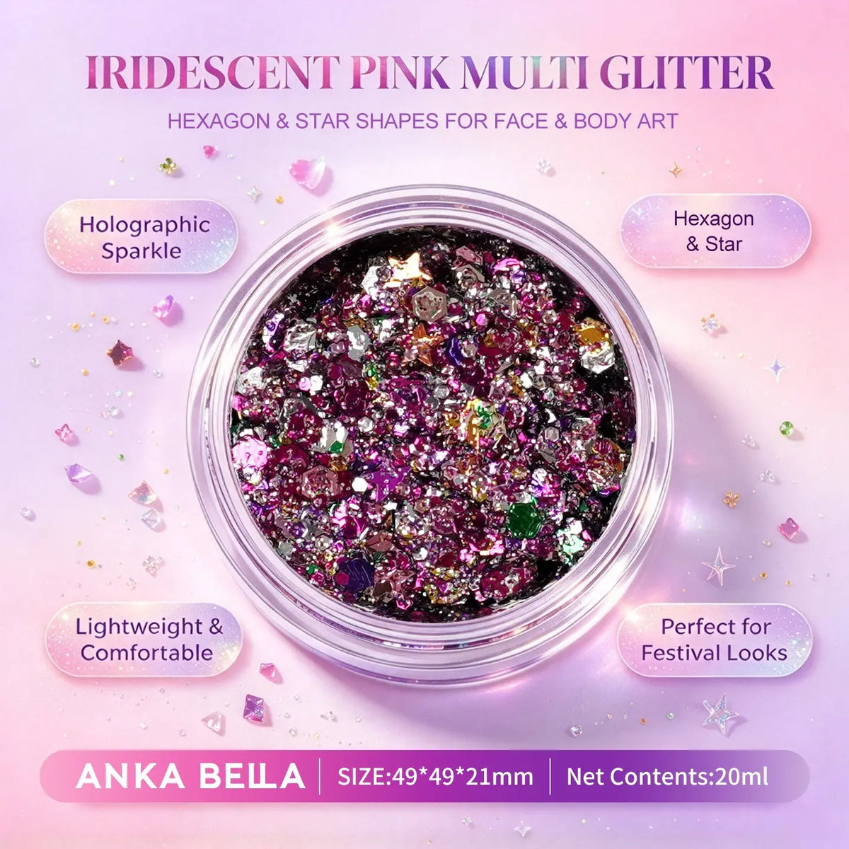 Anka Bella iridescent pink multi holographic face body glitter jar, star hexagon sequins for festival makeup