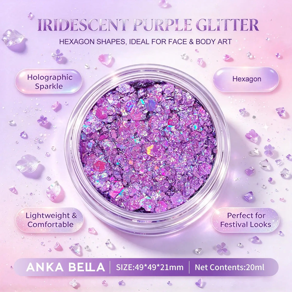 Anka Bella iridescent purple holographic face body glitter jar, hexagon sequins for festival party makeup