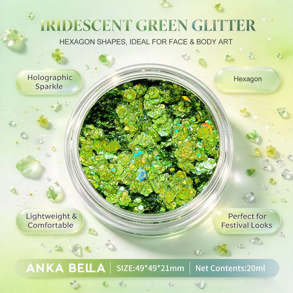 Anka Bella iridescent green holographic face body glitter jar, hexagon sequins for festival party makeup