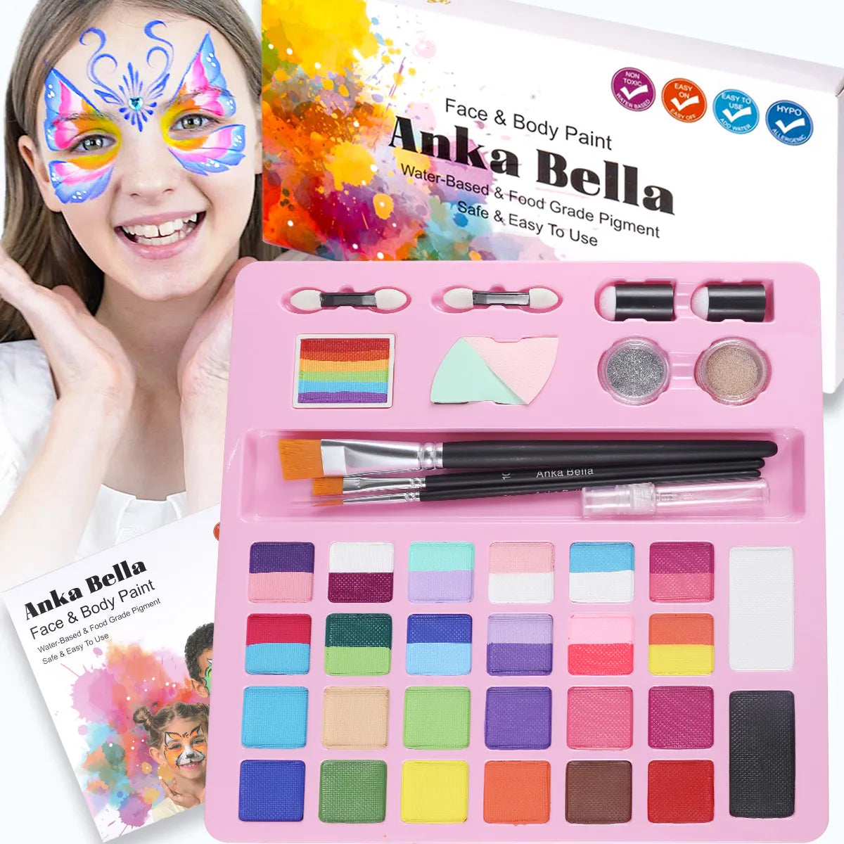24-Color Face Painting Kit for Kids – Safe,  Fun with 30 Free Tutorial Videos Anka Bella