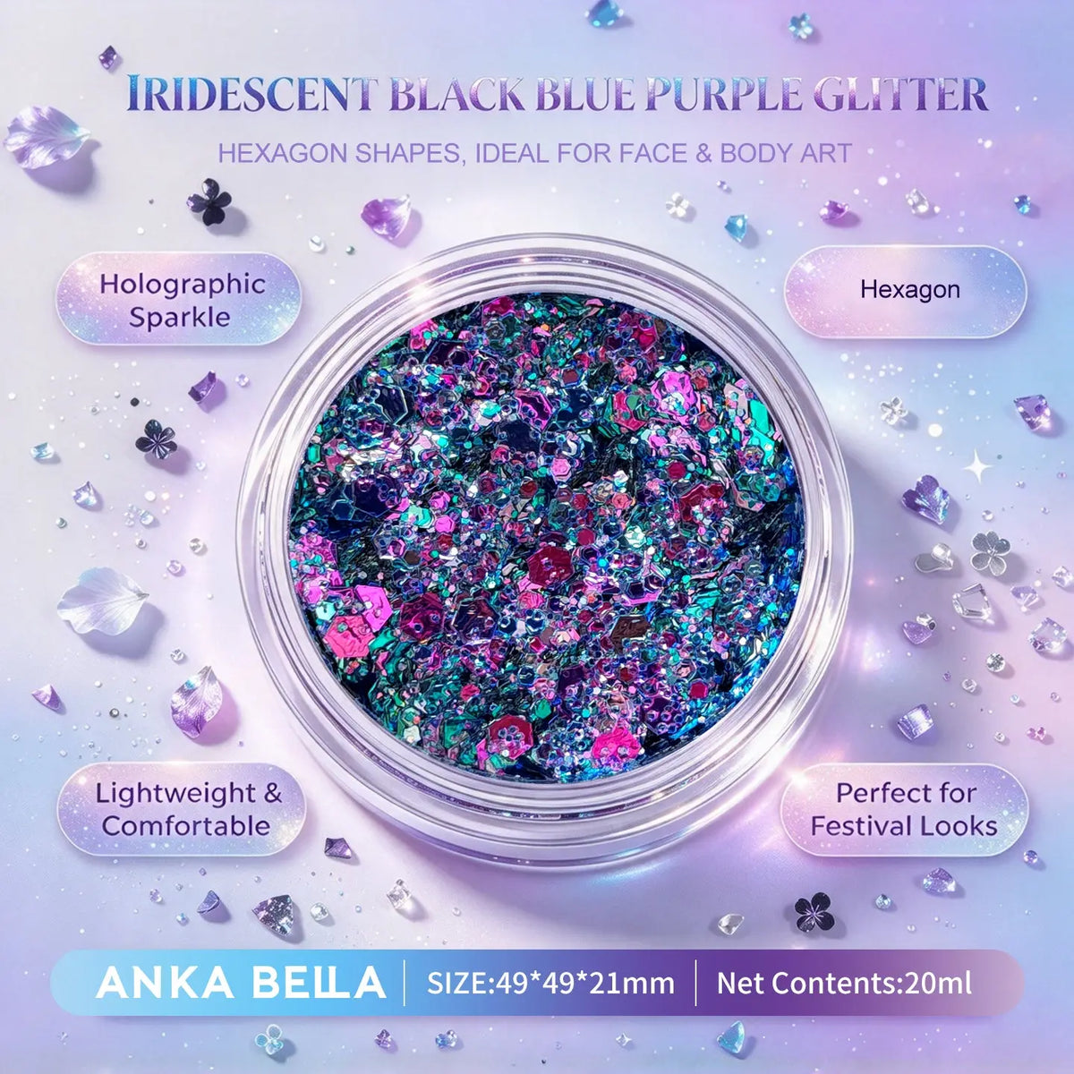Anka Bella iridescent black blue purple holographic face body glitter jar, hexagon sequins for festival party makeup