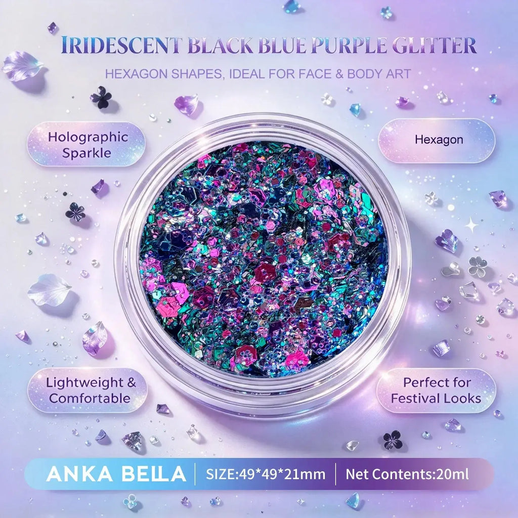 Close up of Anka Bella black blue purple iridescent hexagon glitter, lightweight skin-friendly body art sequins