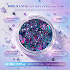 Close up of Anka Bella black blue purple iridescent hexagon glitter, lightweight skin-friendly body art sequins