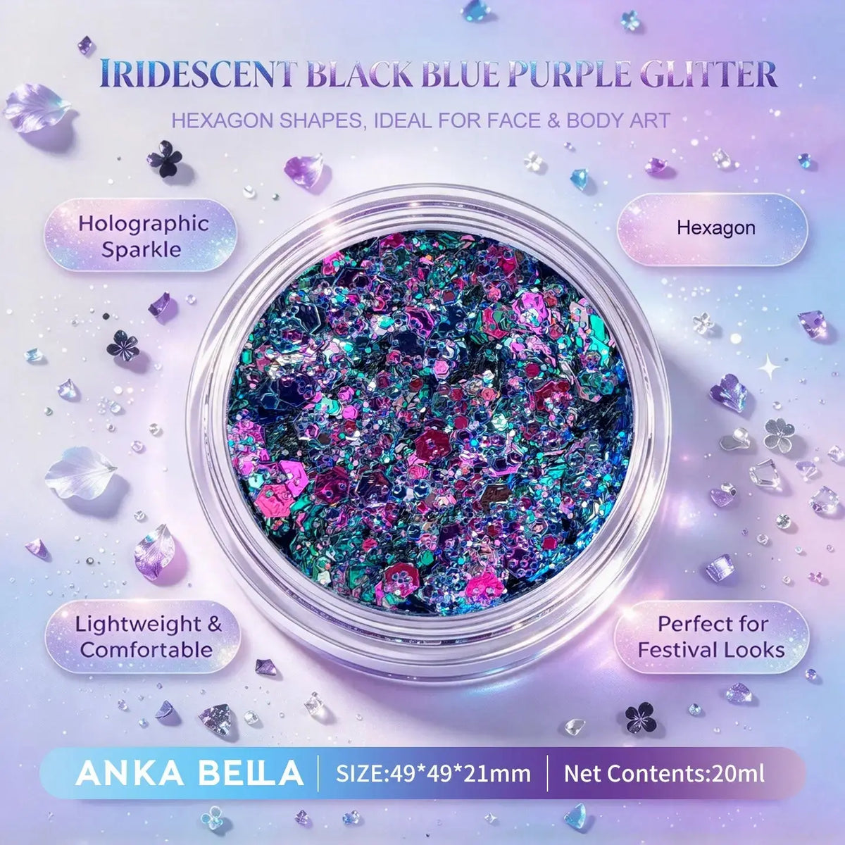 Close up of Anka Bella black blue purple iridescent hexagon glitter, lightweight skin-friendly body art sequins