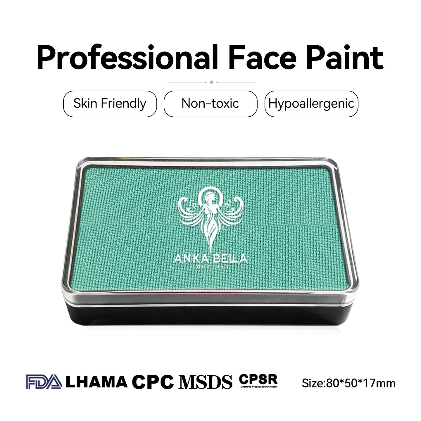 Anka Bella professional UV turquoise face paint, skin friendly non-toxic hypoallergenic, FDA LHAMA CPC MSDS CPSR certified, size 80x50x17mm