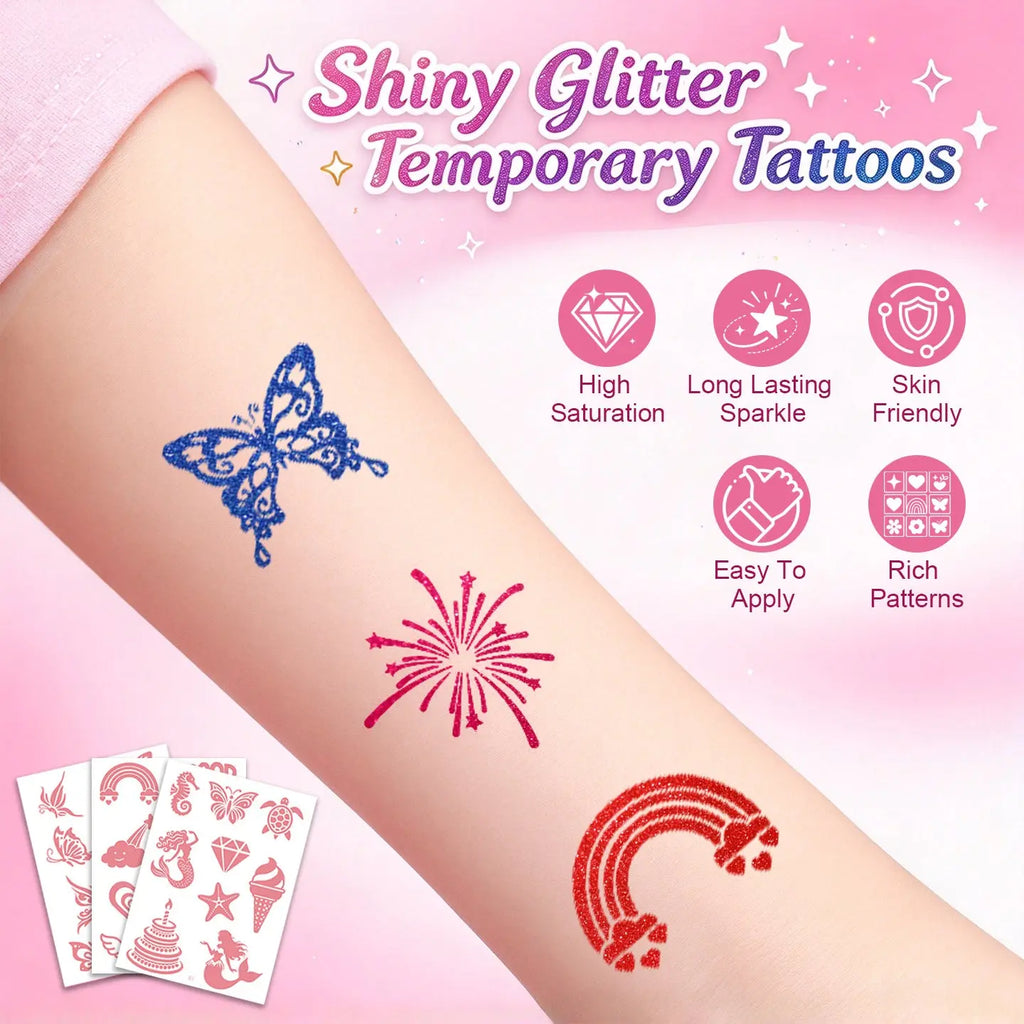 Shiny Anka Bella glitter temporary tattoos on skin, butterfly rainbow sparkly tattoo for children party