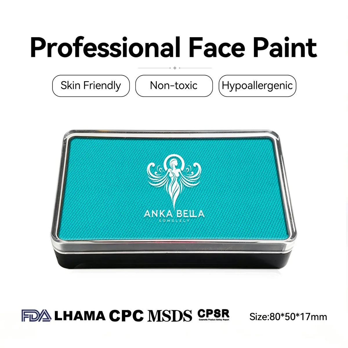 Anka Bella professional matte turquoise face paint, skin friendly non‑toxic hypoallergenic, FDA LHAMA CPC MSDS CPSR certified, size 80×50×17mm