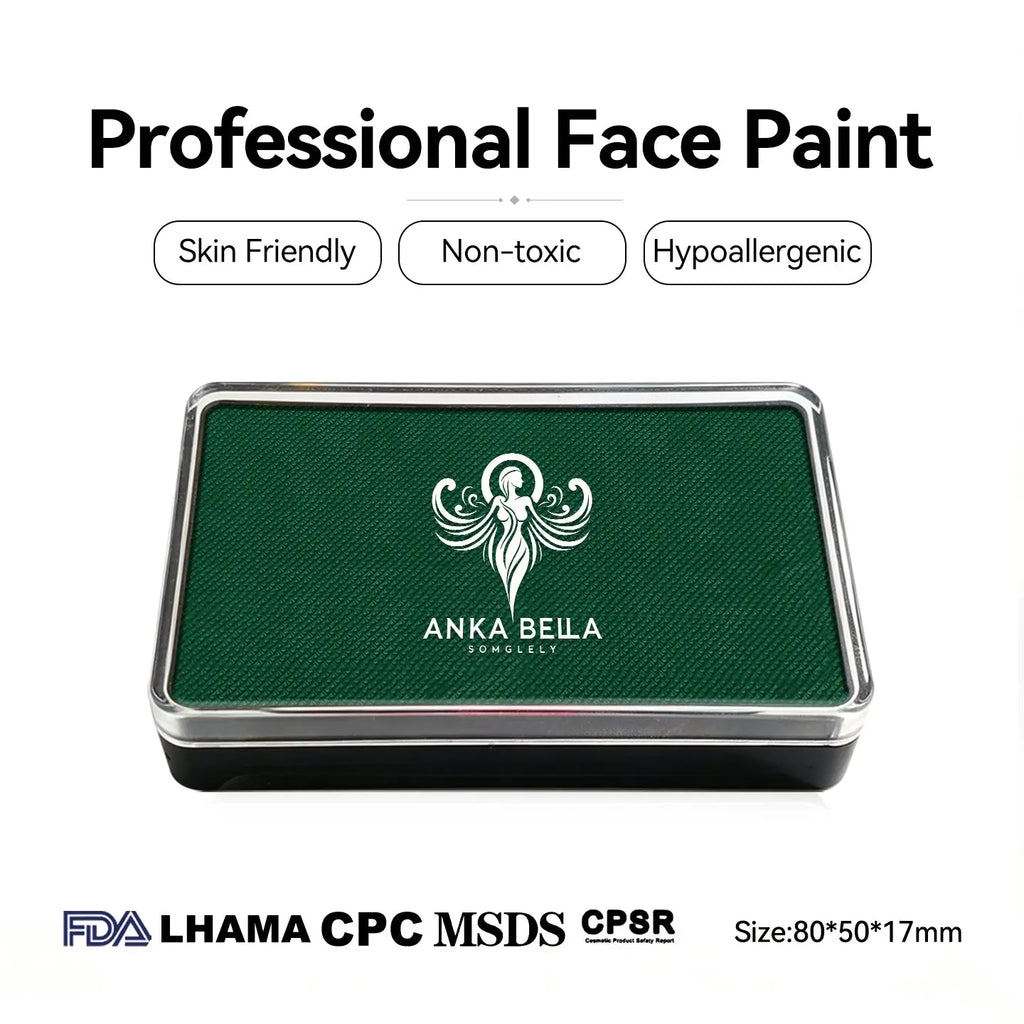 Anka Bella professional matte green face paint, skin friendly non‑toxic hypoallergenic, FDA LHAMA CPC MSDS CPSR certified, size 80×50×17mm