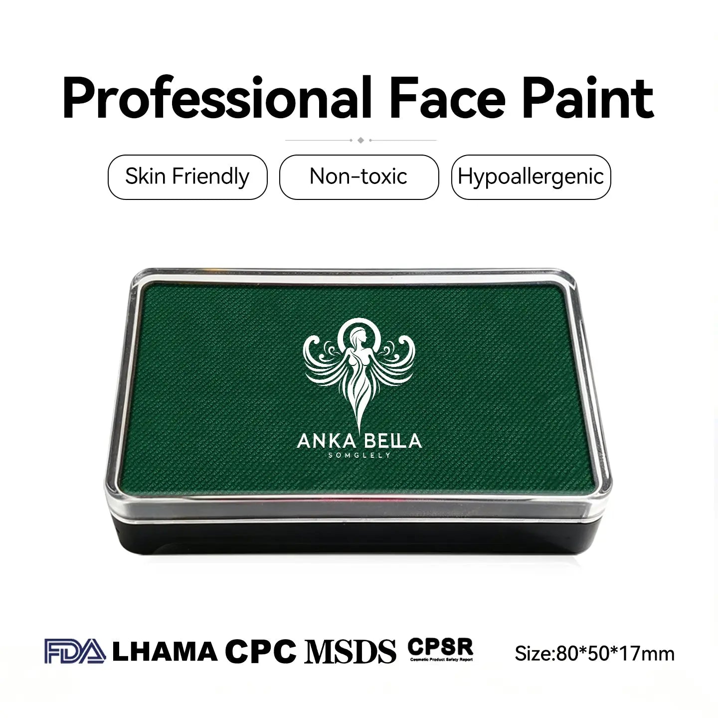 Anka Bella professional matte green face paint, skin friendly non‑toxic hypoallergenic, FDA LHAMA CPC MSDS CPSR certified, size 80×50×17mm