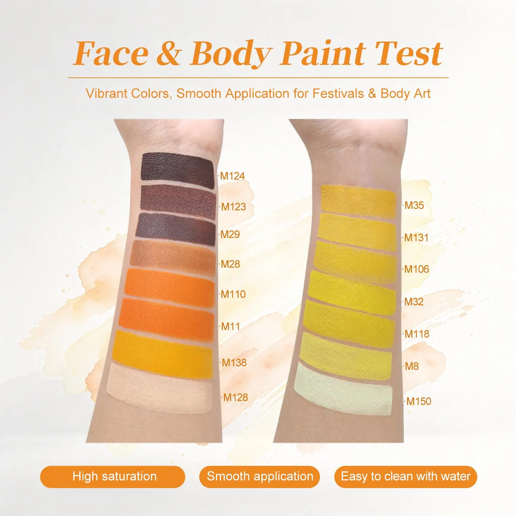 Anka Bella yellow brown face paint arm swatch, high saturation water based pigment