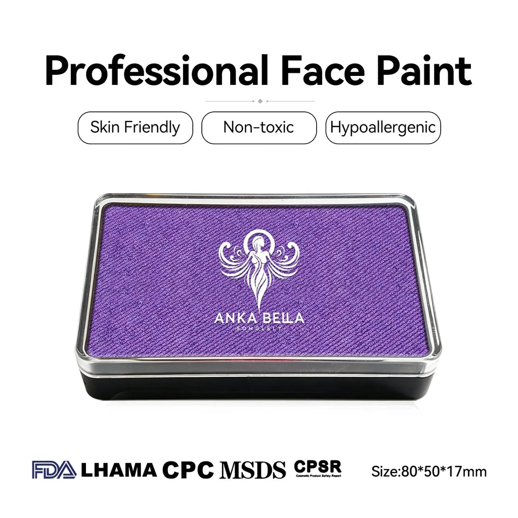 Anka Bella Pearl Purple face paint, skin‑friendly non‑toxic hypoallergenic with FDA CPSR MSDS LHAMA CPC certification size 80*50*17mm