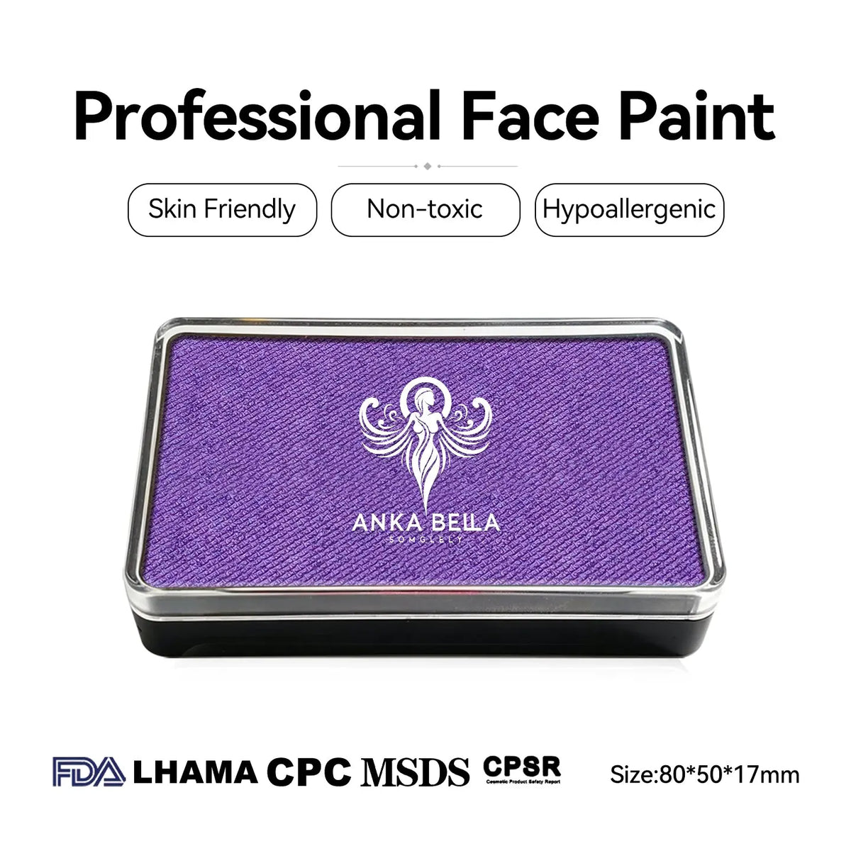 Anka Bella Pearl Purple face paint, skin‑friendly non‑toxic hypoallergenic with FDA CPSR MSDS LHAMA CPC certification size 80*50*17mm