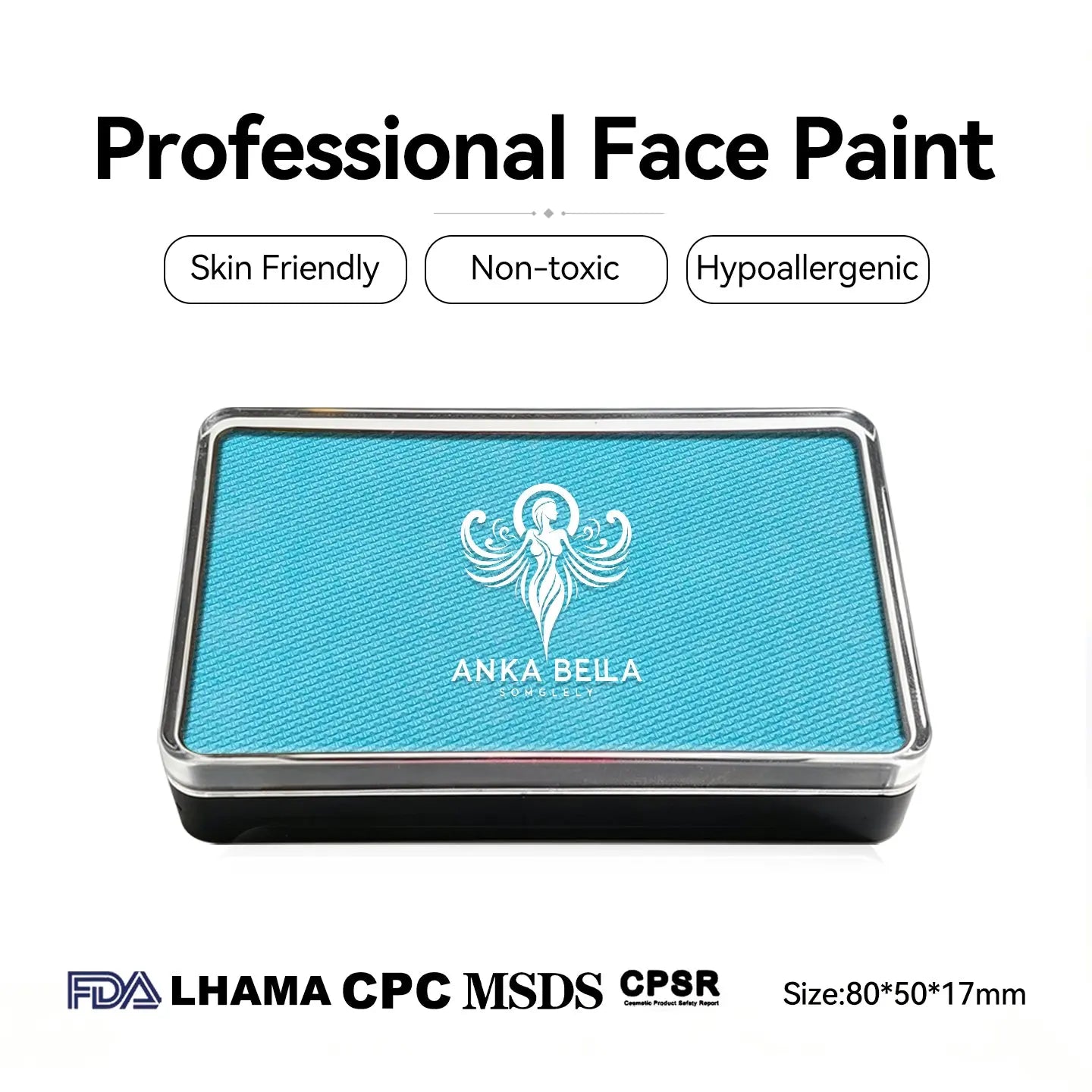 Anka Bella professional matte aqua sky face paint, skin friendly non‑toxic hypoallergenic, FDA LHAMA CPC MSDS CPSR certified, size 80×50×17mm