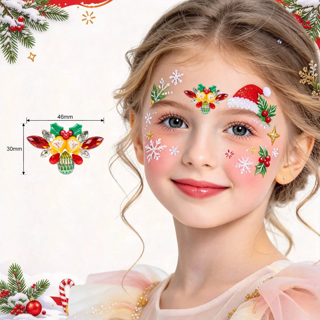 Kid wearing Anka Bella Christmas face gem sticker on forehead, festive gem for Xmas party costume