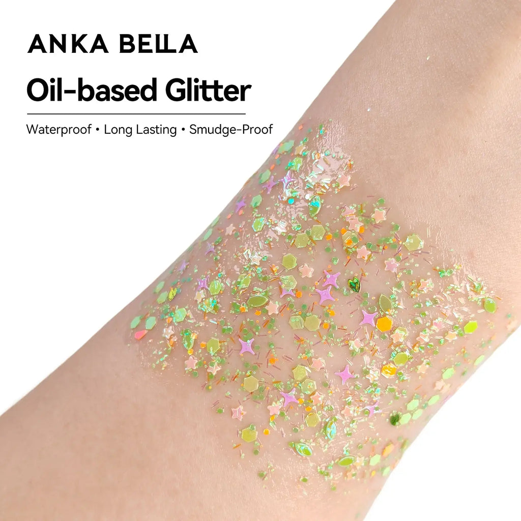 Anka Bella Iridescent Green Gold Glitter, Star & Moon Sequins for Face & Body Festival Makeup Anka Bella