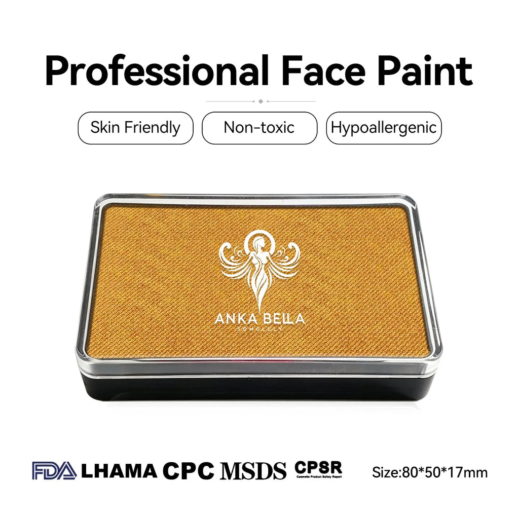 Anka Bella professional pearl gold face paint, skin friendly non‑toxic hypoallergenic, FDA LHAMA CPC MSDS CPSR certified, size 80×50×17mm