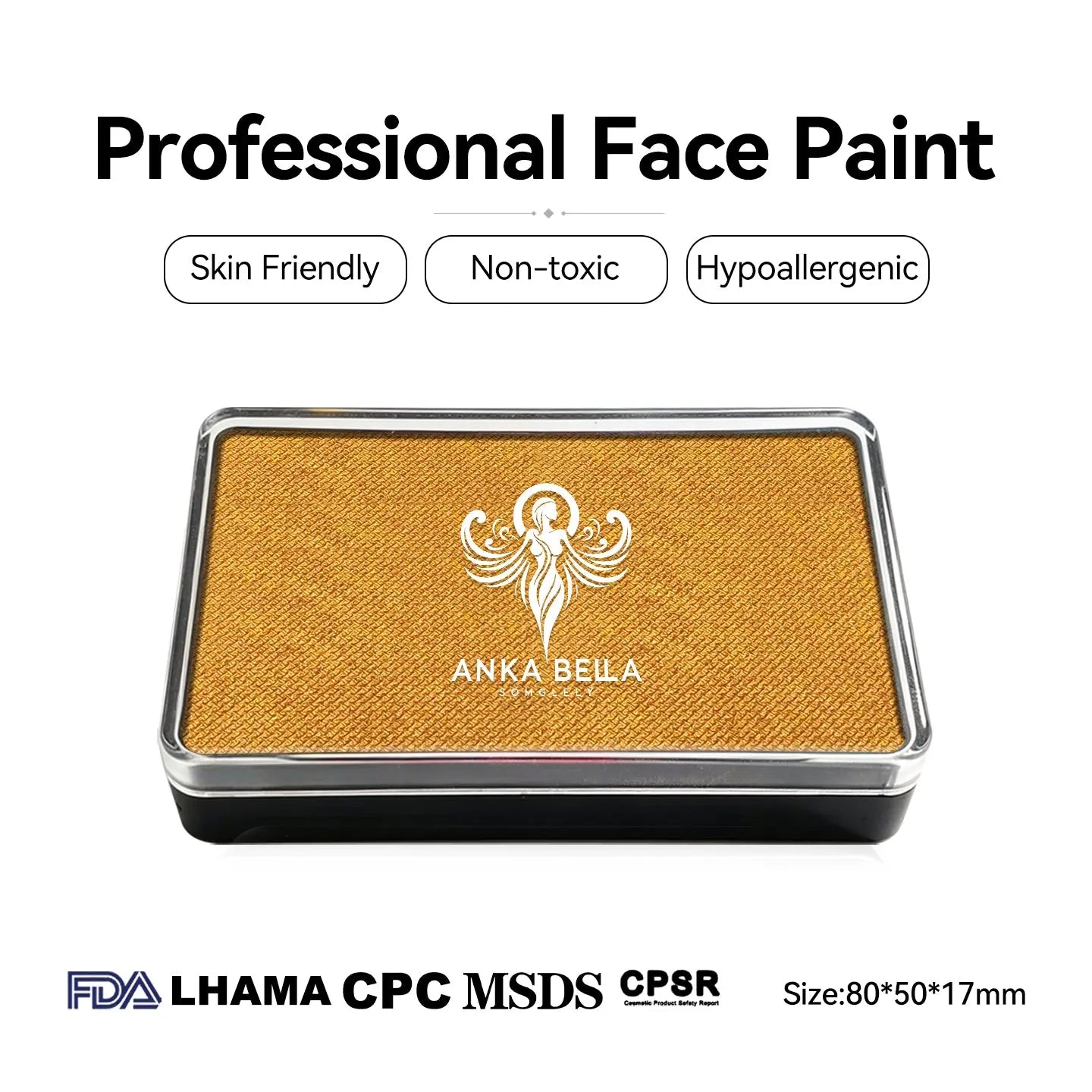 Anka Bella professional pearl gold face paint, skin friendly non‑toxic hypoallergenic, FDA LHAMA CPC MSDS CPSR certified, size 80×50×17mm