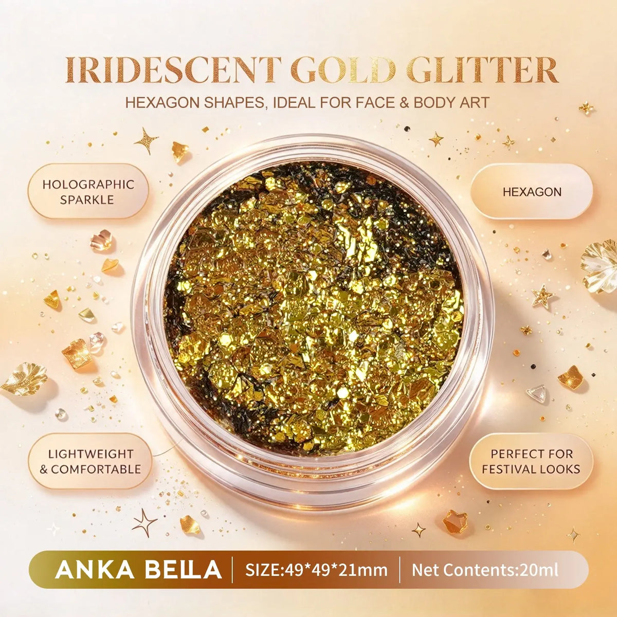 Anka Bella iridescent gold holographic face body glitter jar, hexagon sequins for wedding festival makeup