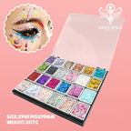 Anka Bella glitter palette open view, 24 shades cosmetic glitter for body art, size and weight info