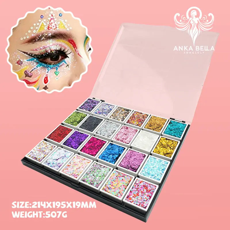 Anka Bella glitter palette open view, 24 shades cosmetic glitter for body art, size and weight info