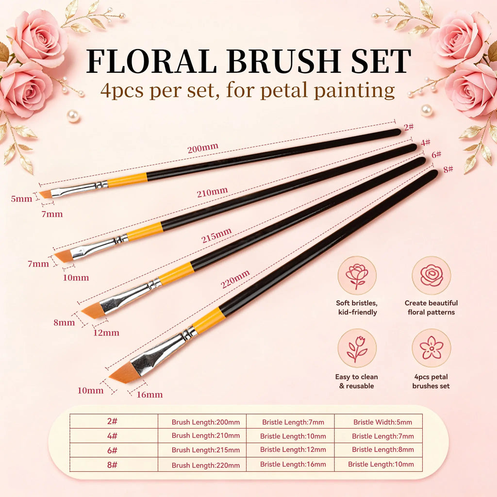 Anka Bella floral paint brush size specifications chart, 2# 4# 6# 8# angled brushes