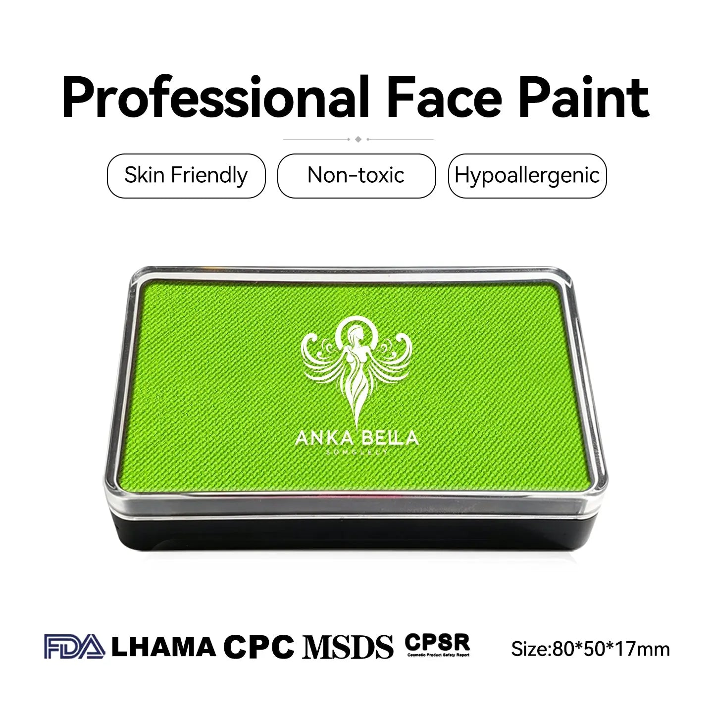 Anka Bella UV Yellow‑Green face paint, skin‑friendly non‑toxic hypoallergenic with FDA CPSR MSDS certification