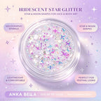 Anka Bella iridescent star glitter jar, holographic star moon sequins for face body festival makeup