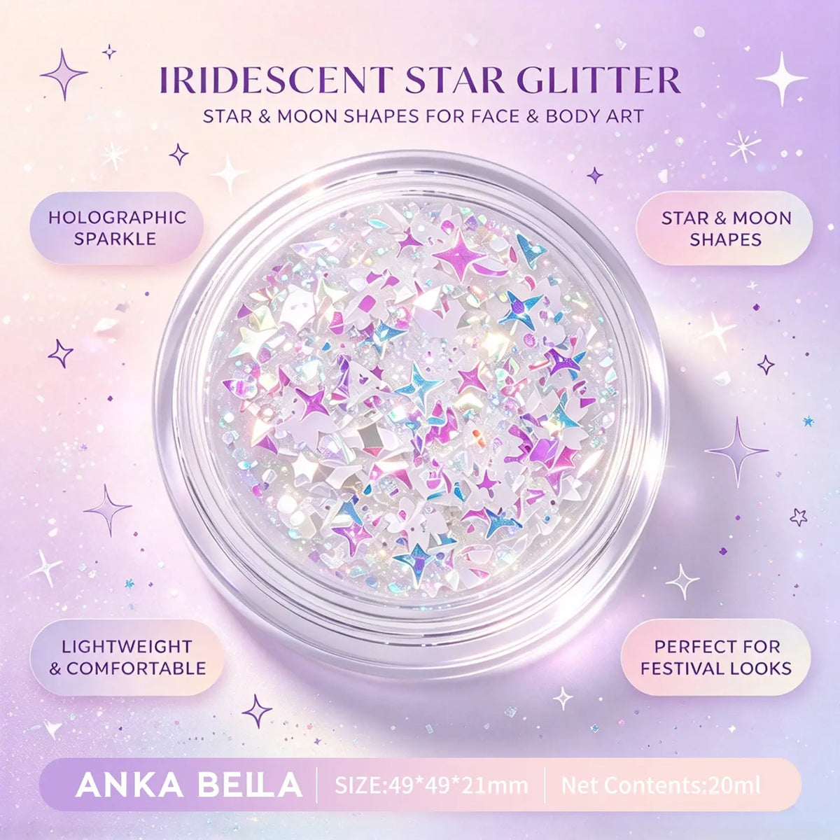 Anka Bella iridescent star glitter jar, holographic star moon sequins for face body festival makeup