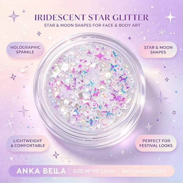 Anka Bella iridescent star glitter jar, holographic star moon sequins for face body festival makeup