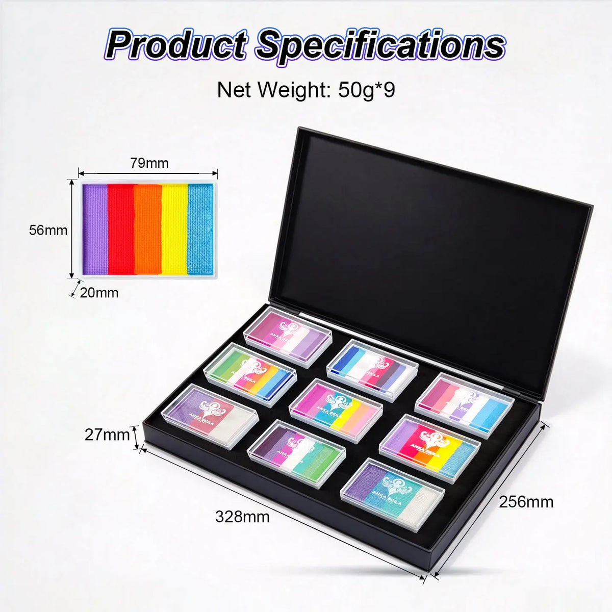 Anka Bella 50g*9 split cake face paint kit product dimension and specifications chart
