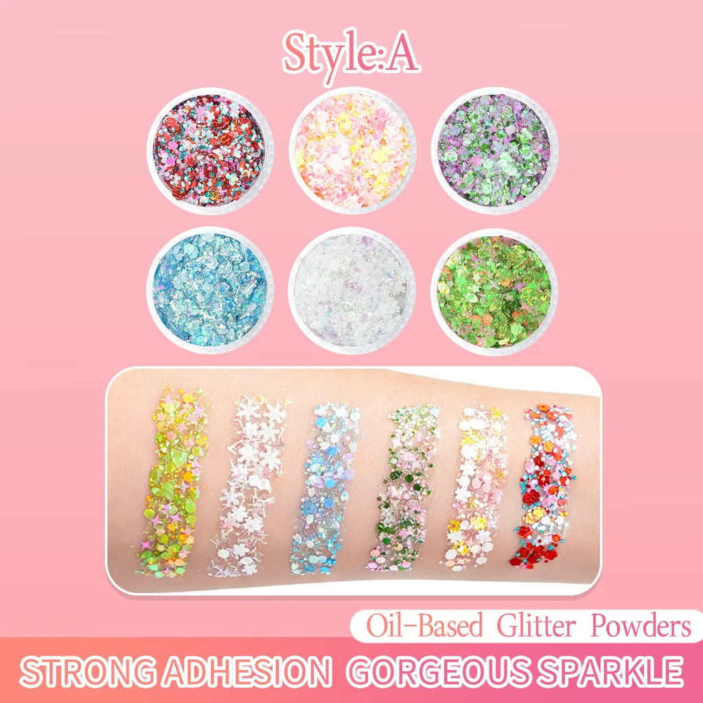 Oil based cosmetic glitter swatch on skin, strong adhesion chunky glitter for party makeup