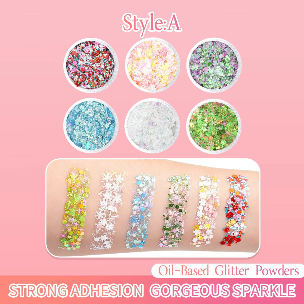 Oil based cosmetic glitter swatch on skin, strong adhesion chunky glitter for party makeup