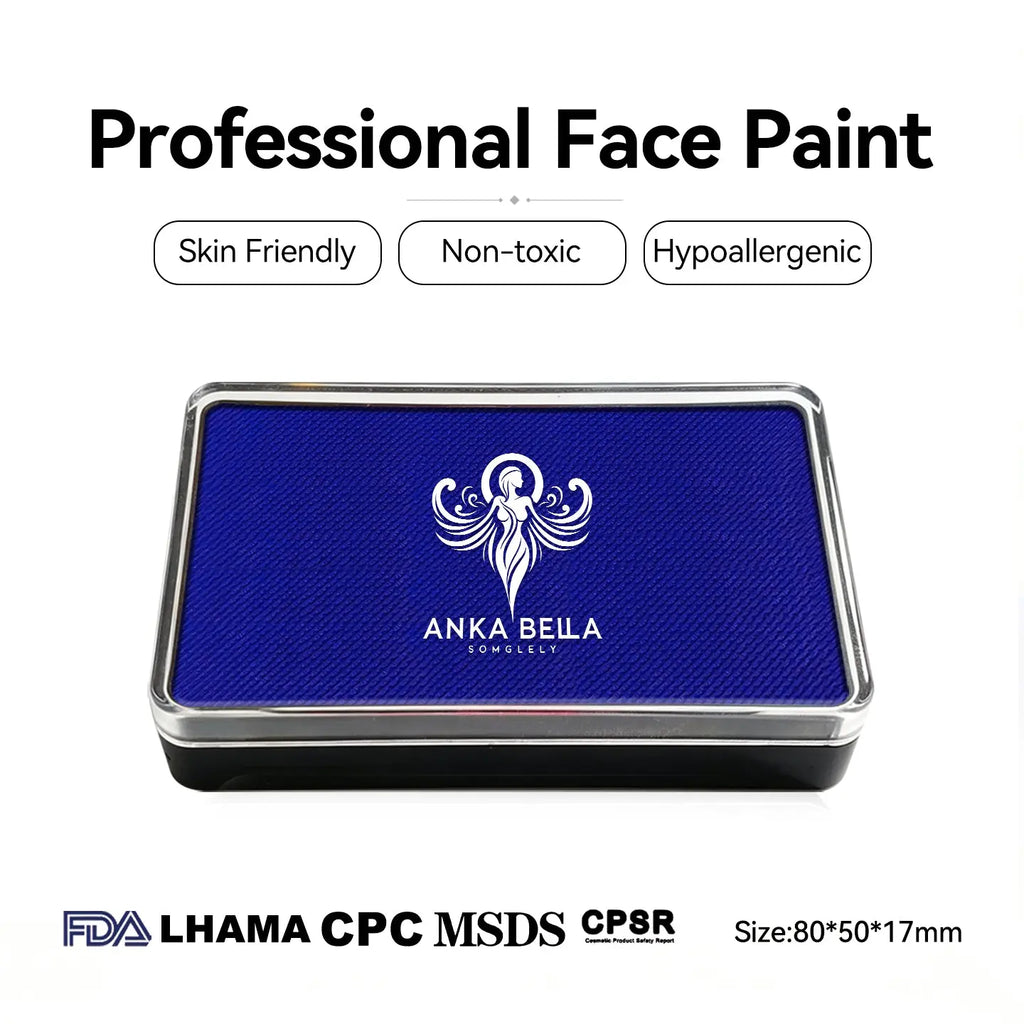 Anka Bella professional matte blue face paint, skin friendly non‑toxic hypoallergenic, FDA LHAMA CPC MSDS CPSR certified, size 80×50×17mm