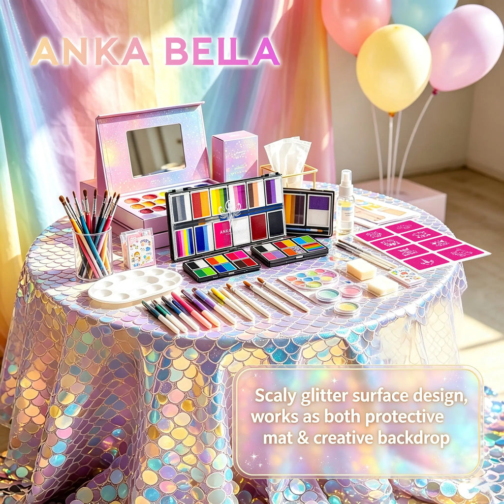 Anka Bella multiple usage scenarios, sequin tablecloth for face painting station, table decor, party setup and selfie photo backdrop