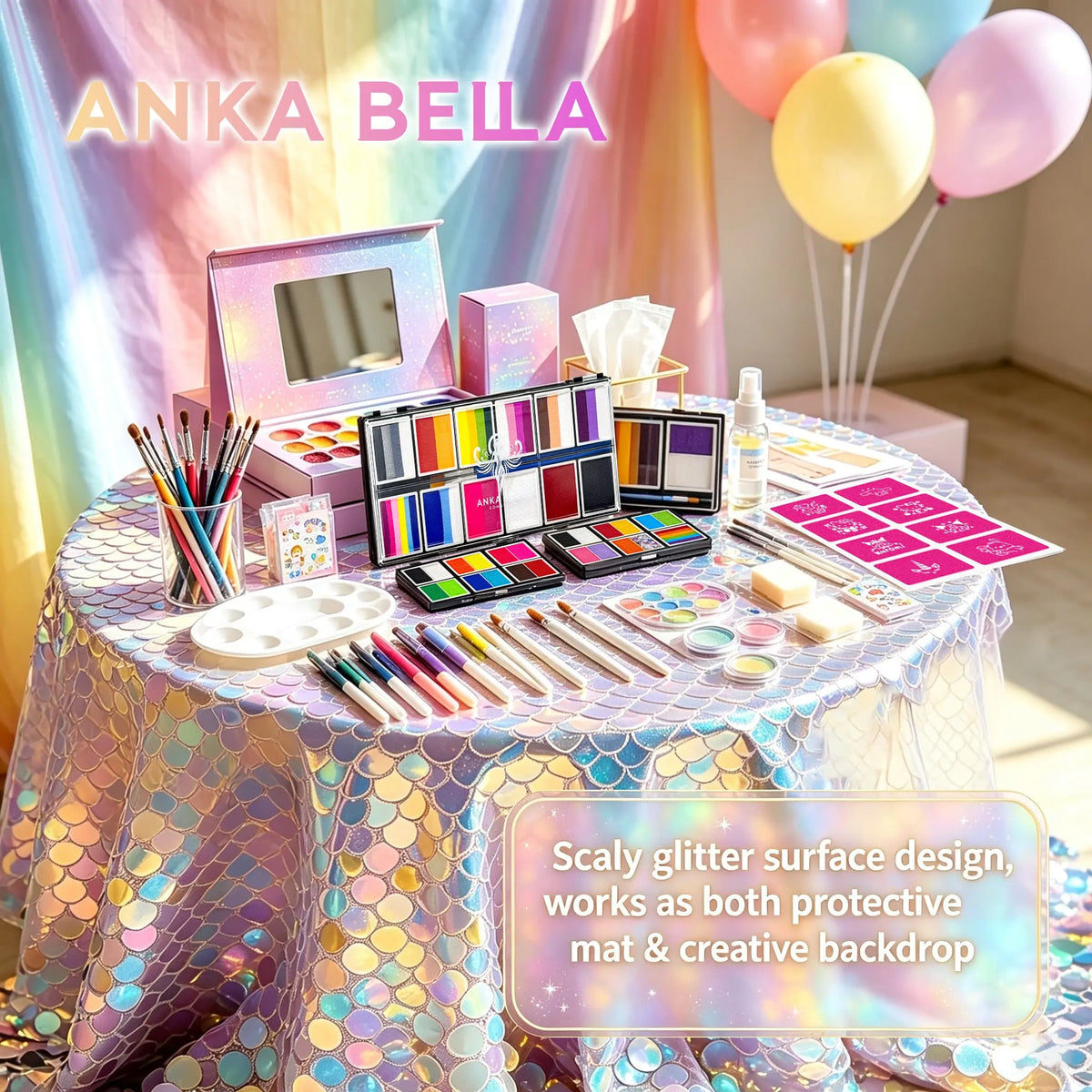 Anka Bella multiple usage scenarios, sequin tablecloth for face painting station, table decor, party setup and selfie photo backdrop