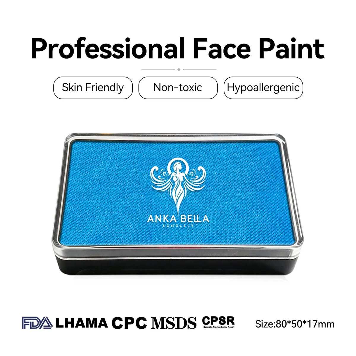 Anka Bella Pearl‑Blue face paint, skin‑friendly non‑toxic hypoallergenic with FDA CPSR MSDS LHAMA CPC certification size 80*50*17mm